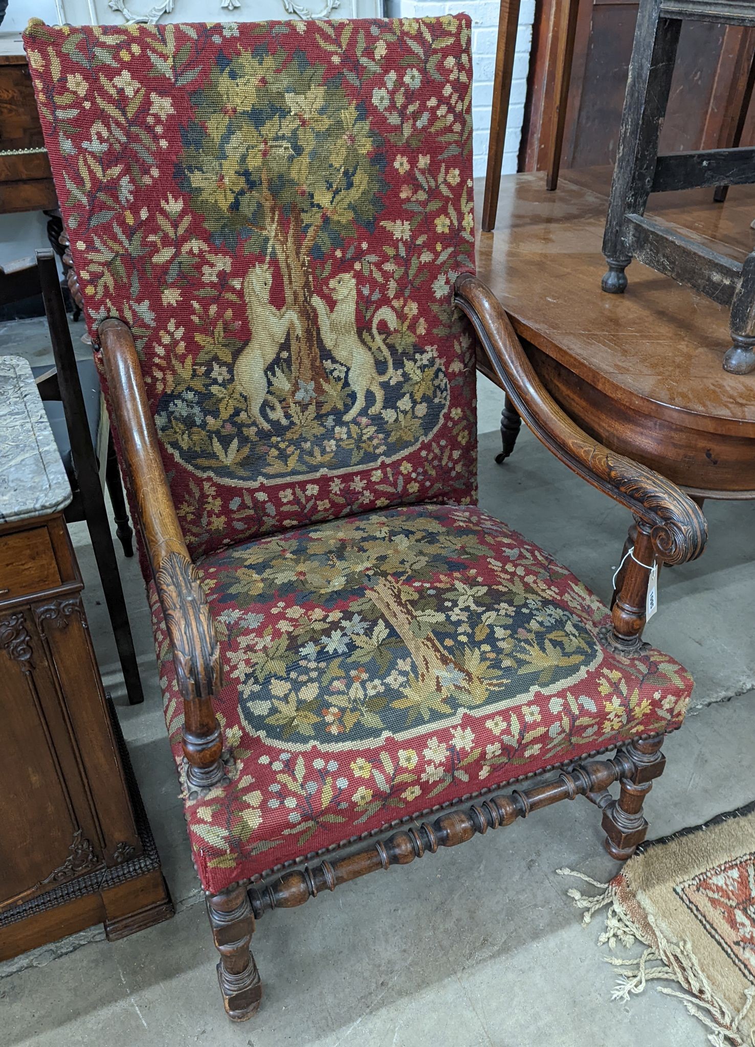 A 19th century walnut tapestry armchair, width 65cm, depth 53cm, height 110cm